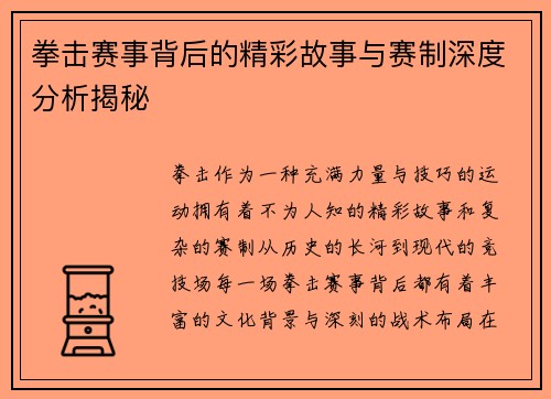 拳击赛事背后的精彩故事与赛制深度分析揭秘